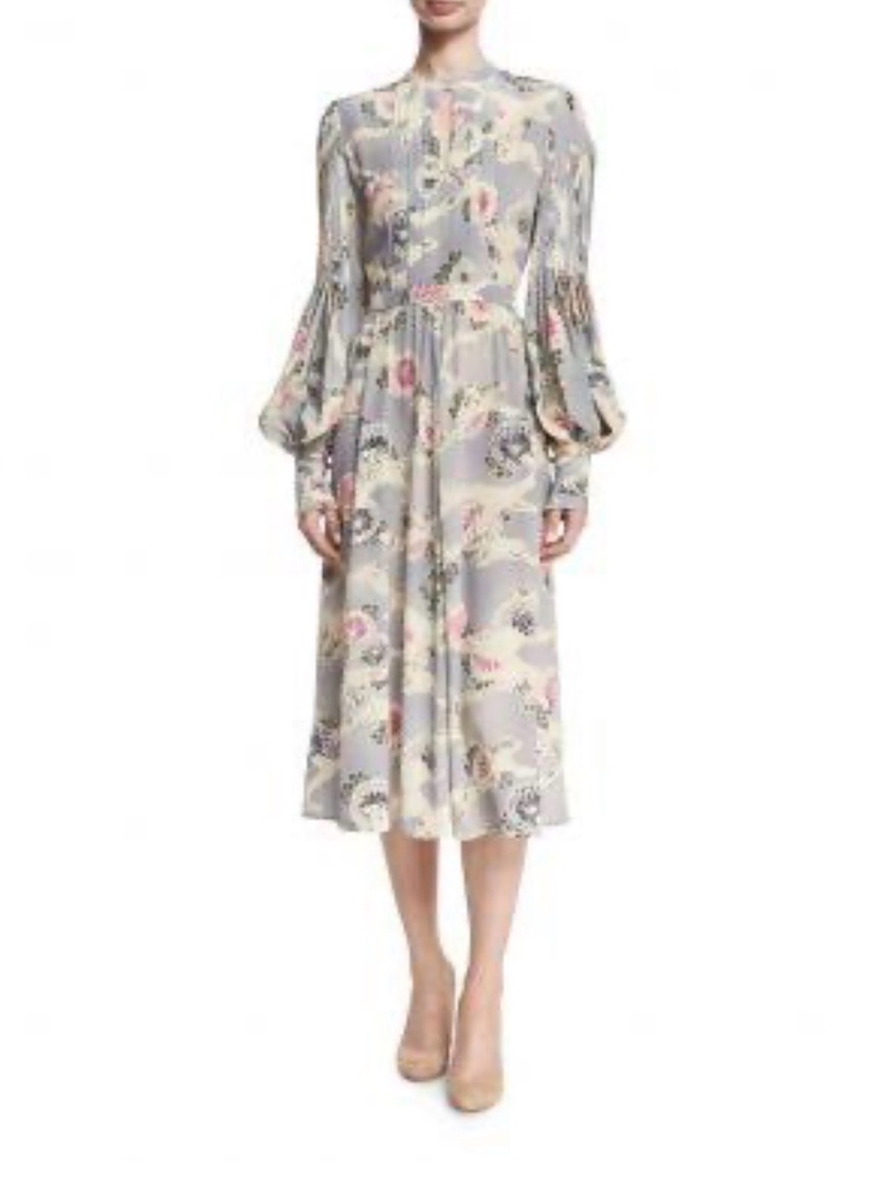 Co. Mum Print Silk Bishop-Sleeve Keyhole Midi Dress